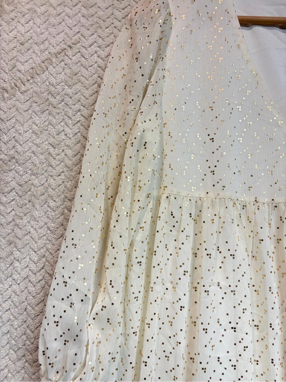 Aritzia Sunday Best Gold Foil Dot Mini Babydoll Dress Small V-Neck Boho Holiday - Picture 8 of 11